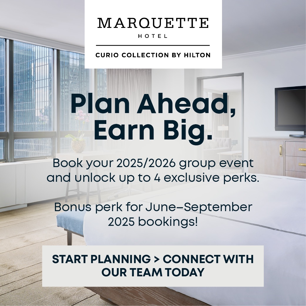 Advertisement for Marquette Hotel, promoting 2025/2026 group events with exclusive perks. Includes a call to action to connect today.